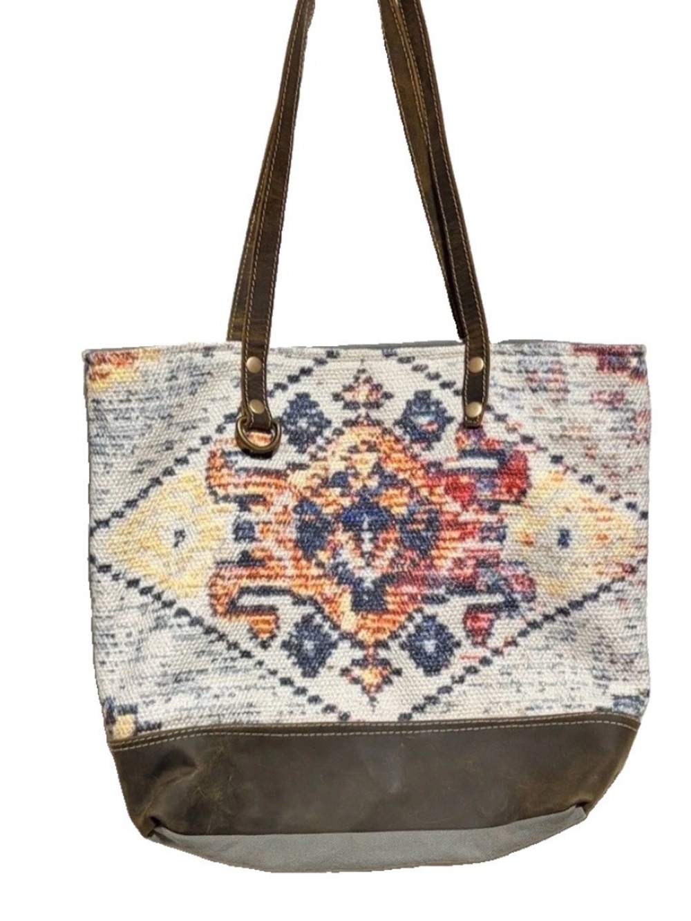 MYRA Western Woven Pattern Canvas Tote with Brown Leather Trim Excellent